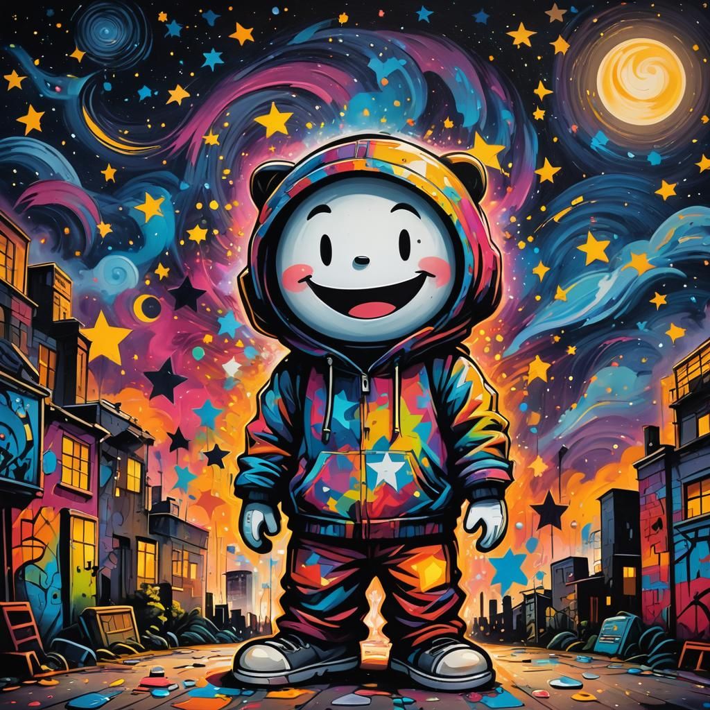 Vibrant Graffiti Cartoon Under Starry Night Sky