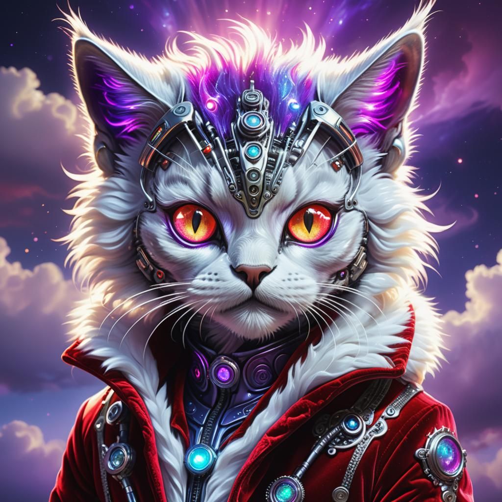 Cyborg Cat Portrait with Flowing Fur and LED Lights