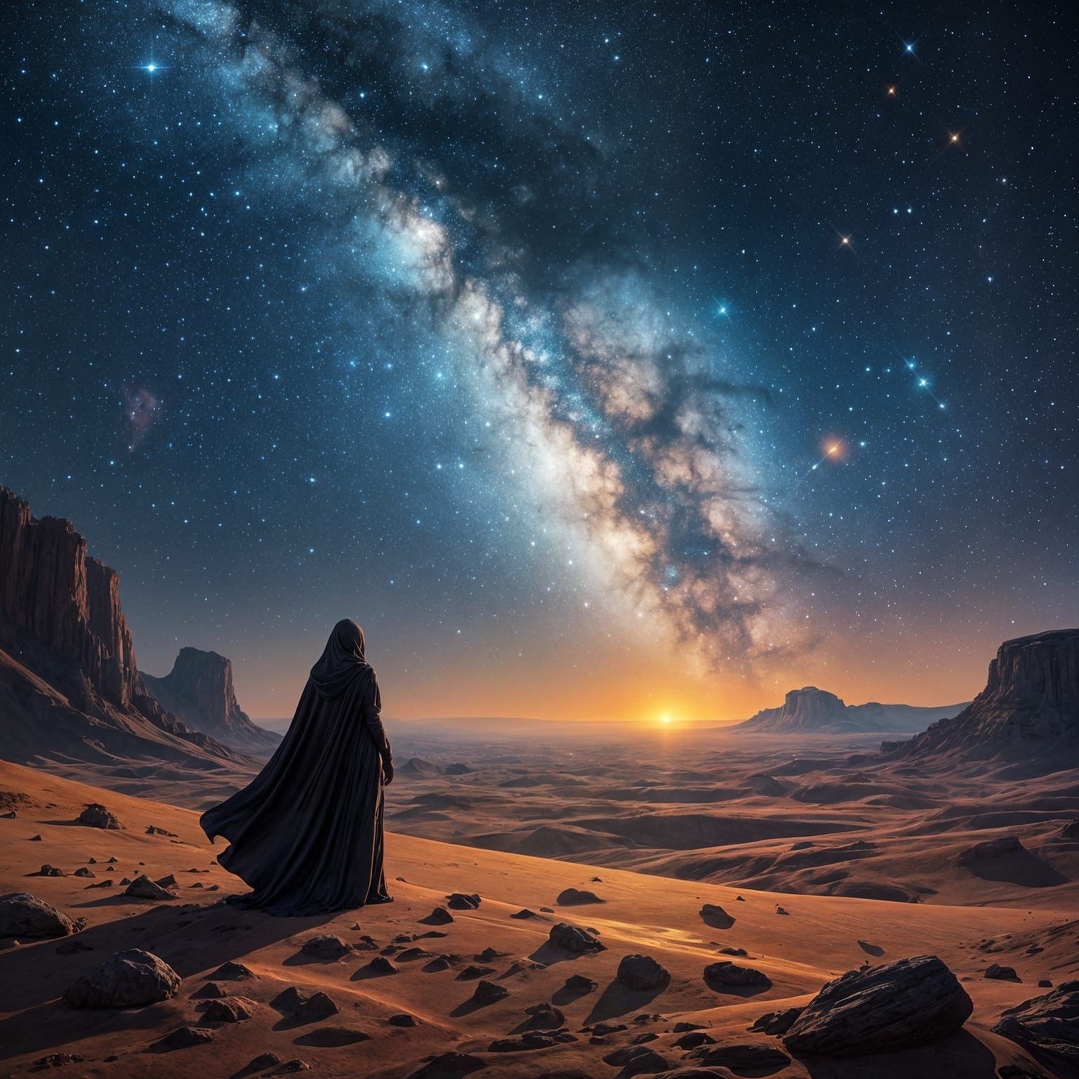 Starlight Figure on Alien Planet Gazing at Nebula