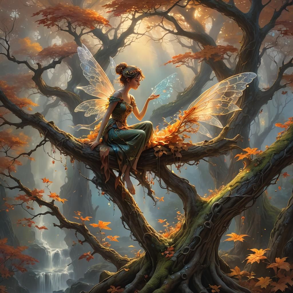 Luminous Fairy in Autumnal Thomas Kinkade Style