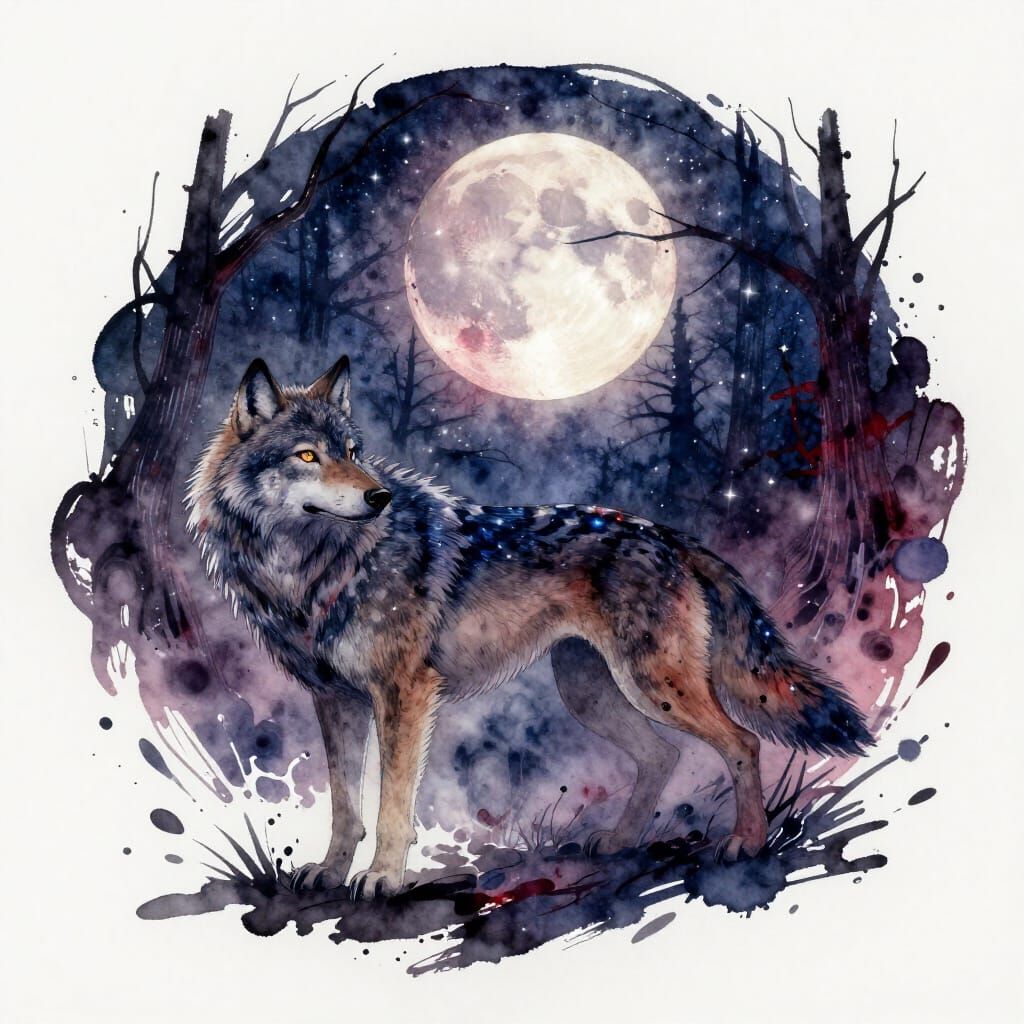 Celestial Wolf Under Blood Moon in Watercolor