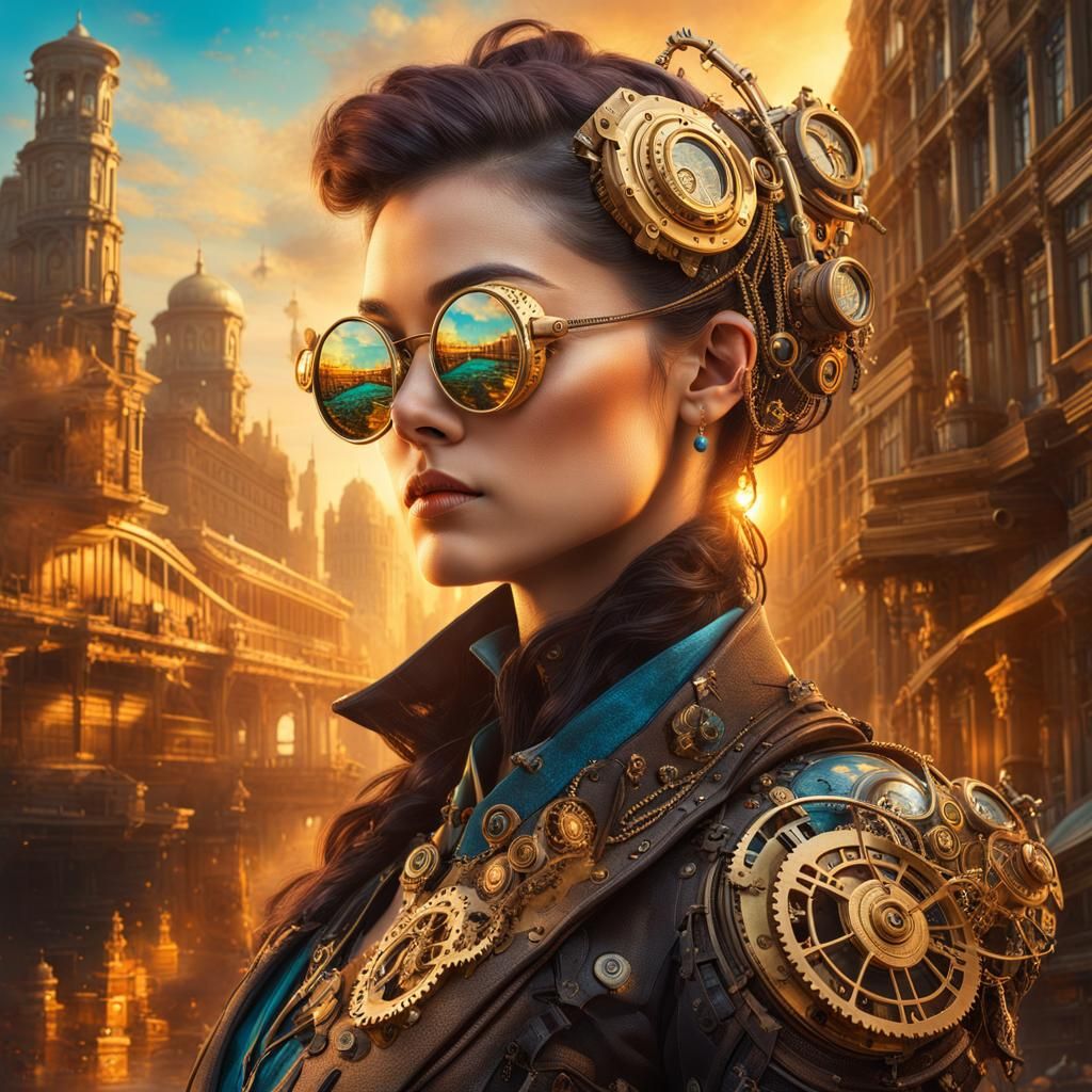 Steampunk Beauty in Radiant Cityscape