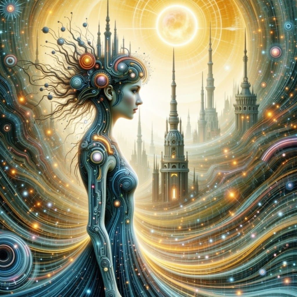 Futuristic Cityscape and Woman Silhouette in Cyberpunk Style