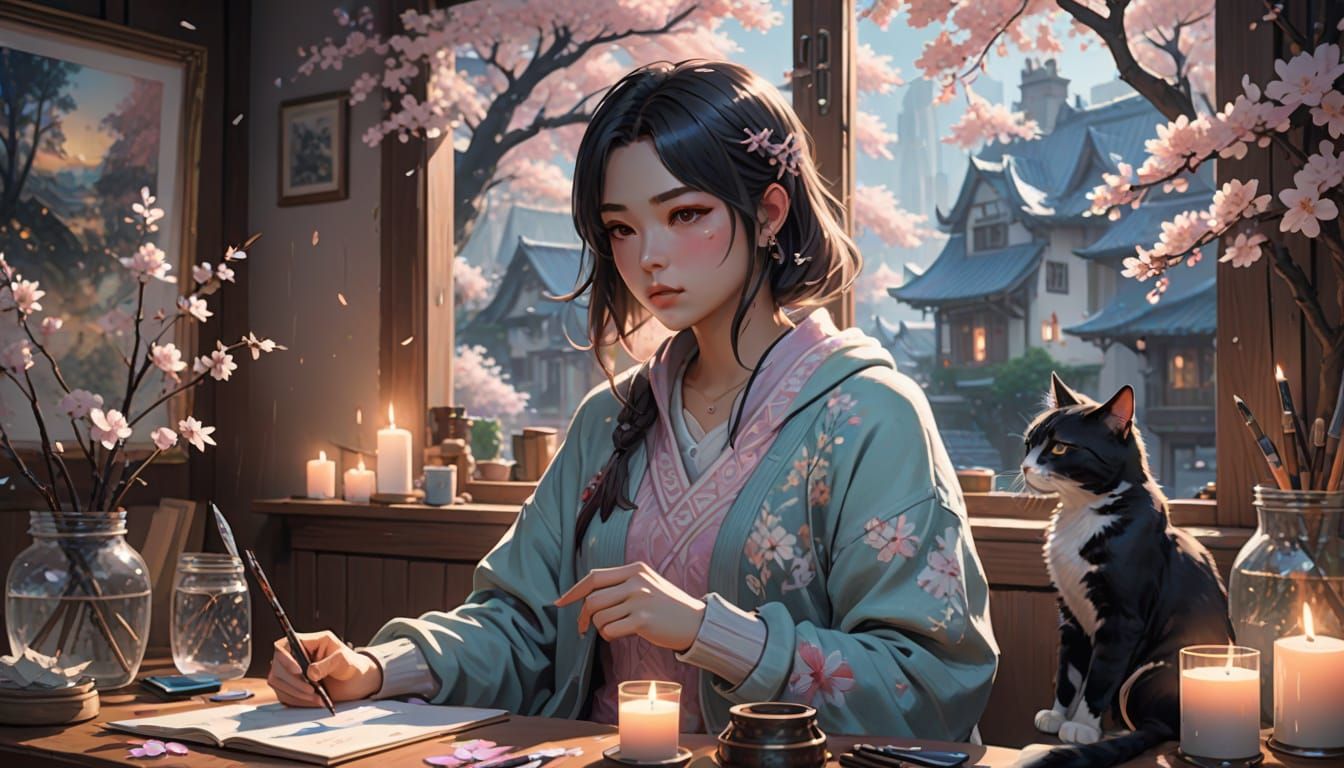 Dreamy Anime Woman in Cozy Art Studio