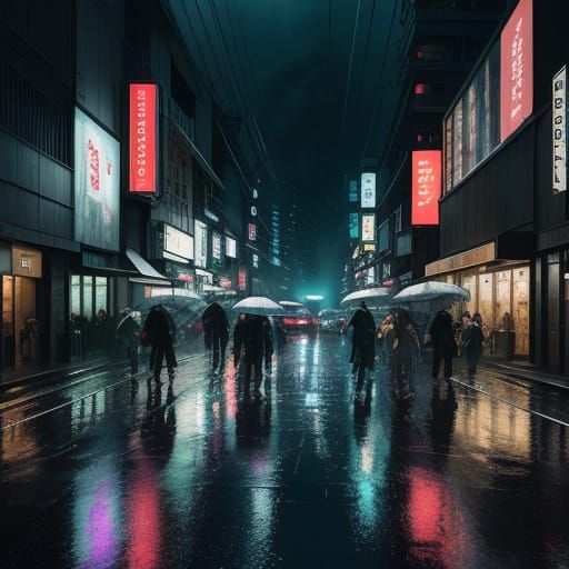 Cyberpunk Neo-Kyoto Street Scene in Rain