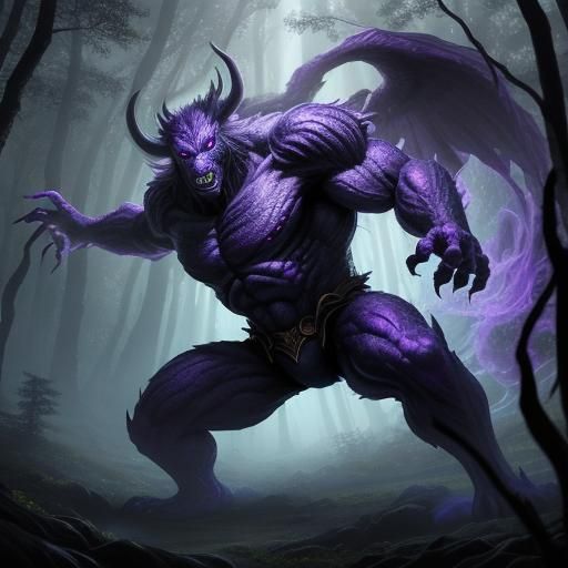 Giant Purple Monster Roars in Mystical Forest