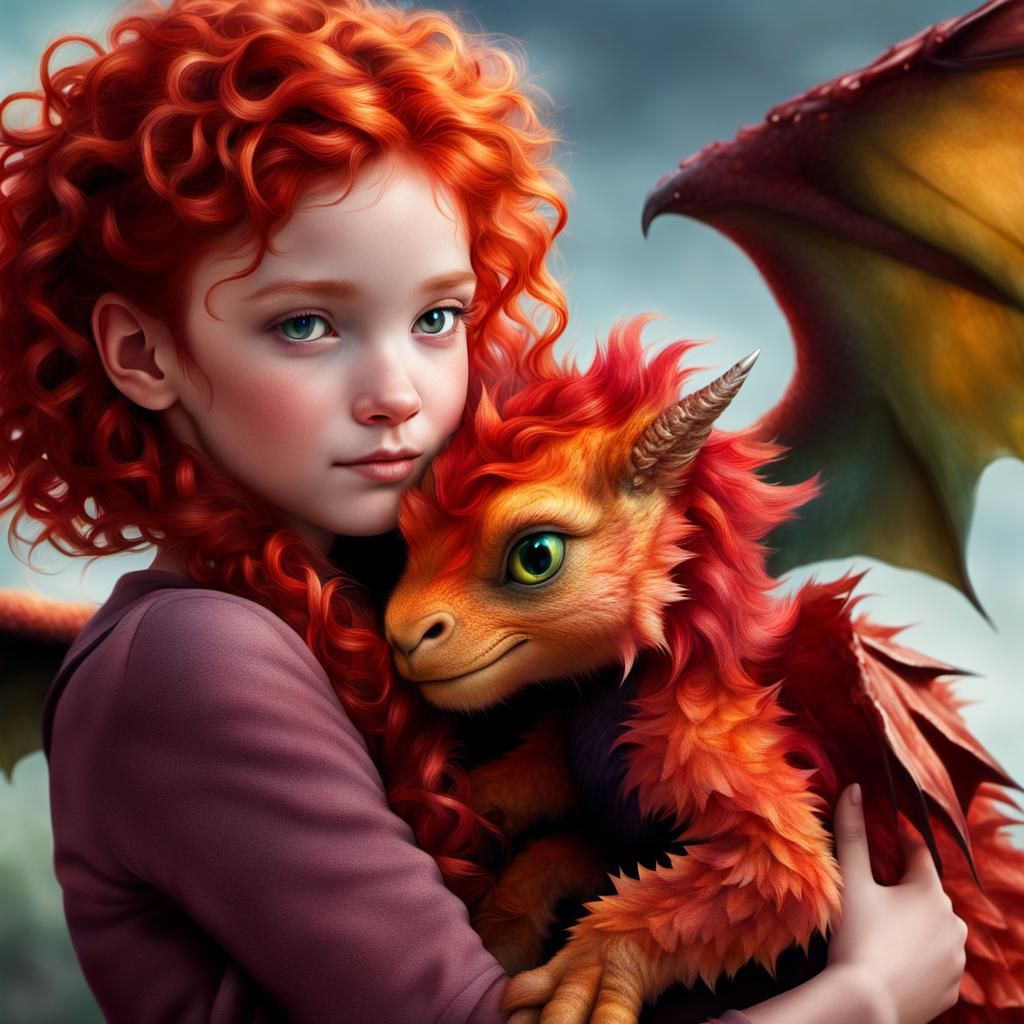 Girl Hugs Her Baby Dragon: Photorealistic Digital Art
