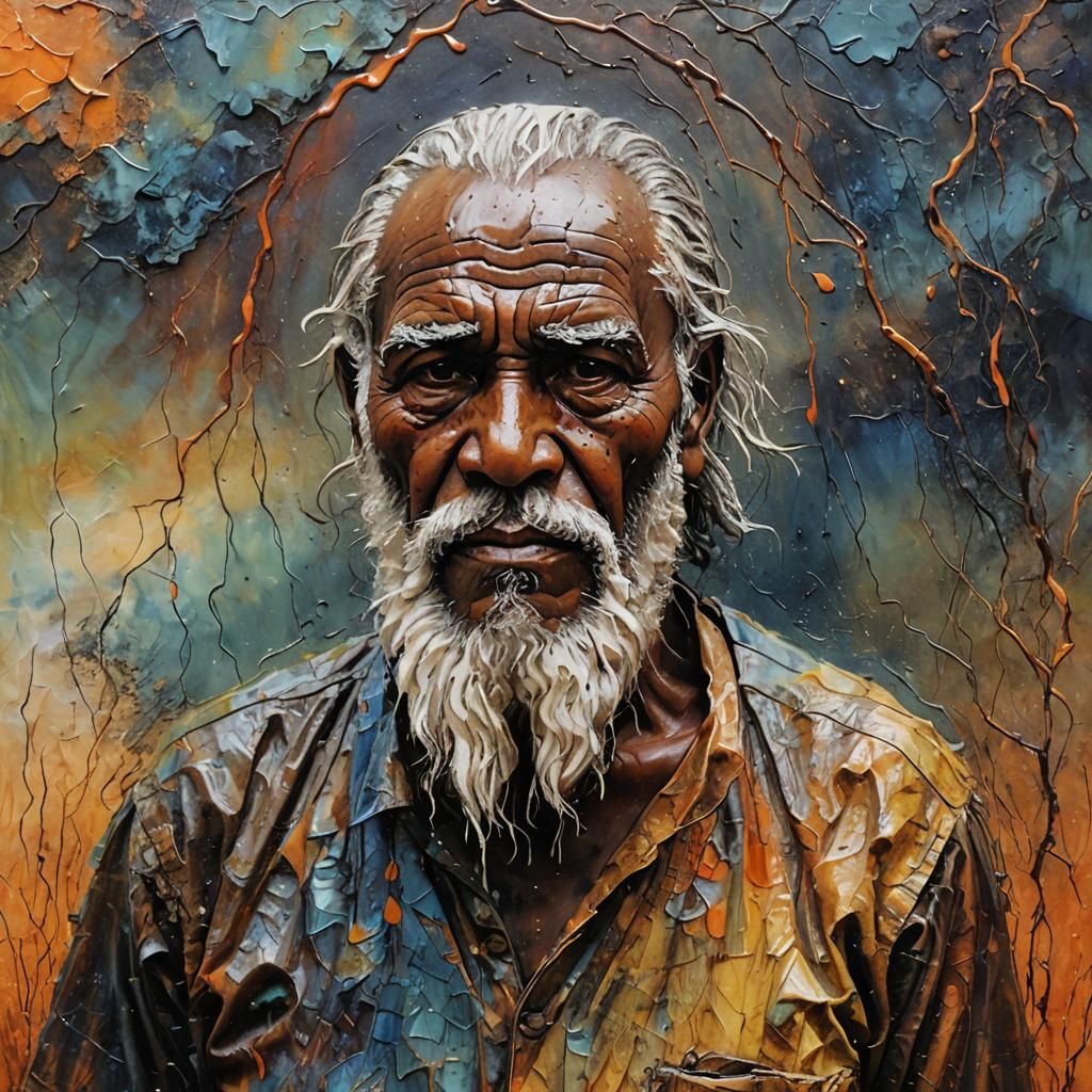 Encaustic Portrait of Aboriginal Elder in Rain