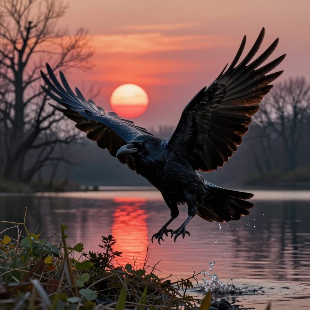 Raven Landing at Sunset with Mirror Moon