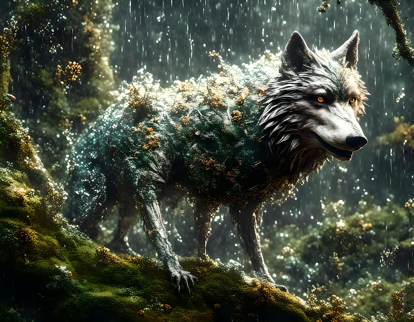 Misty Rainforest Scene with Wildlife and Cabins