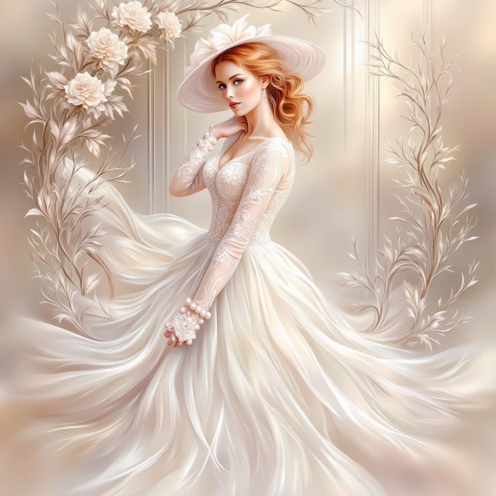 <lora:Soft Winter:1.0> She is a tall beautiful red headed lady. Her wedding gown is silk white, long sleeves, white rose...