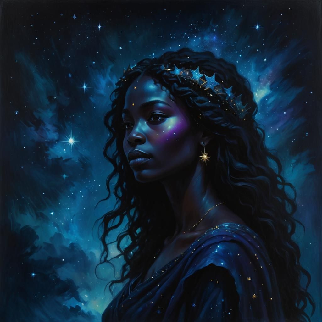 Night Goddess Portrait in Ethereal Oil Painting