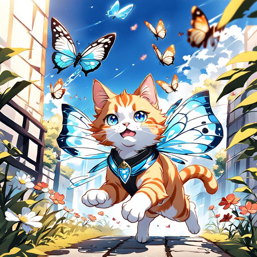 Chibi Ginger Cat Chasing Butterfly in Anime Style