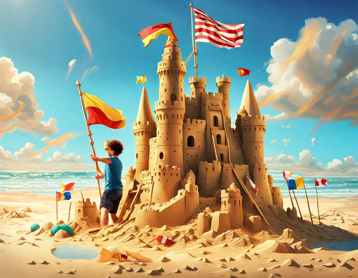 Father and Son Build Sandcastle, Digital Art
