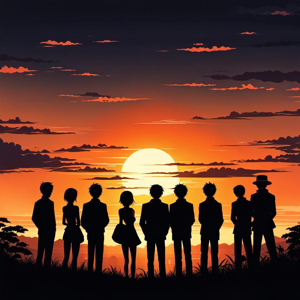 Anime Sunset Silhouette of Friends