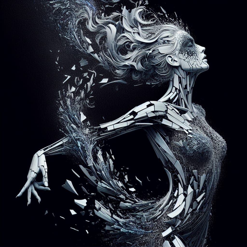 Shattered Dancer: Digital Art in Monochrome Hues