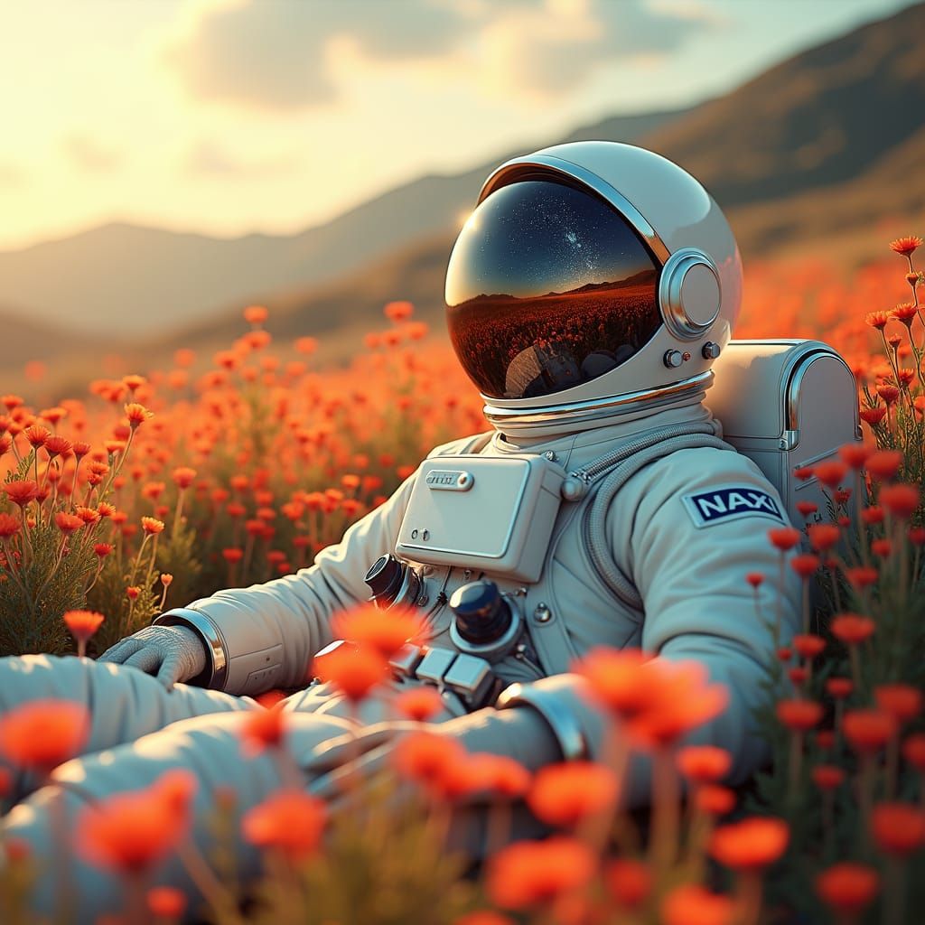 A realistic picture of An astronaut lying in a garden of flowers. The universe is reflected in the visor. 8K resolution ...