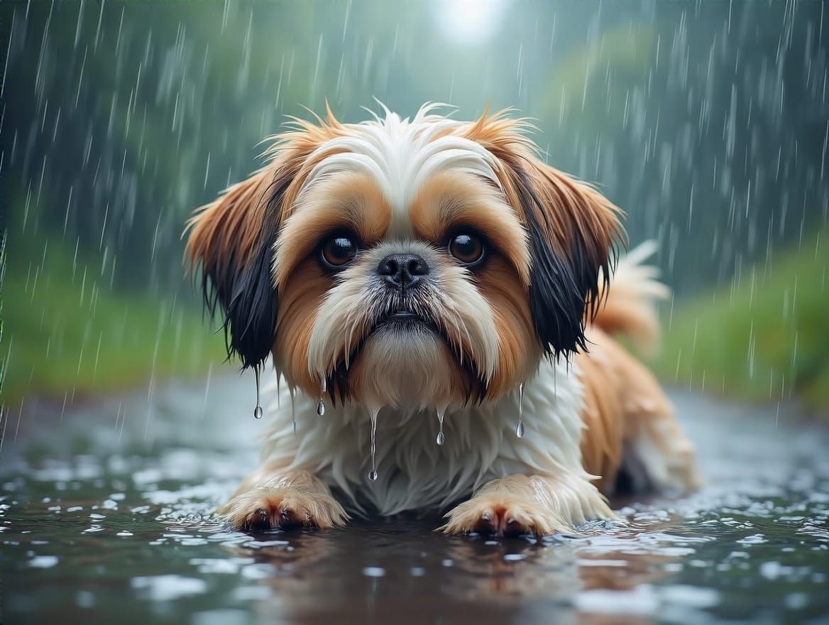Realistic Shih-Tzu in Rainy Nature Scene with Textured Fur