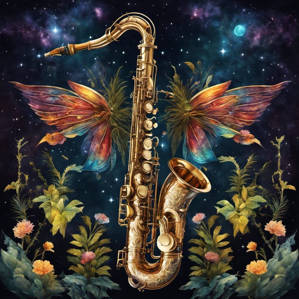 Bioluminescent Steampunk Saxophone with Butterfly Wings