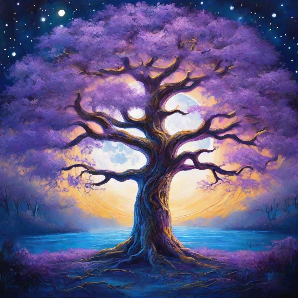 Tree of Life Oil Painting Under Moonlight