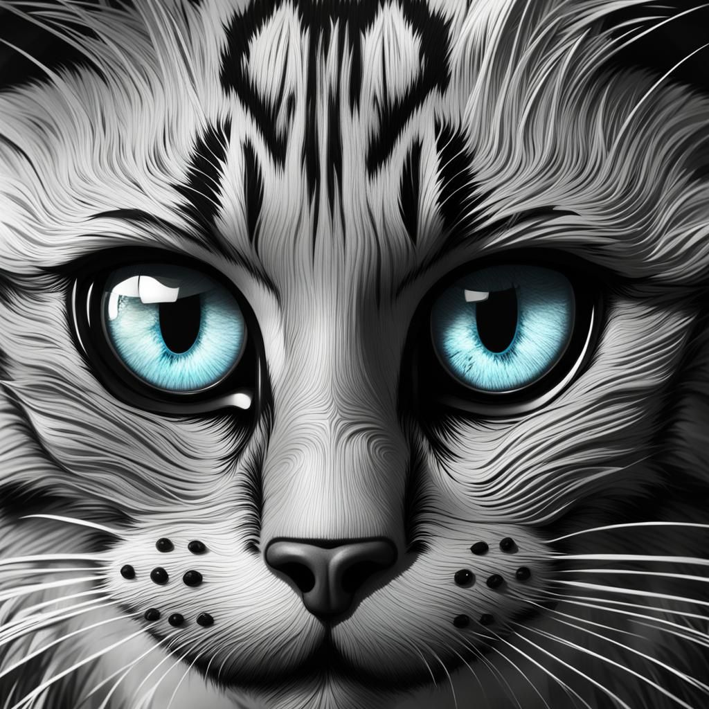 Anime-Style Cat Portrait in Black and White