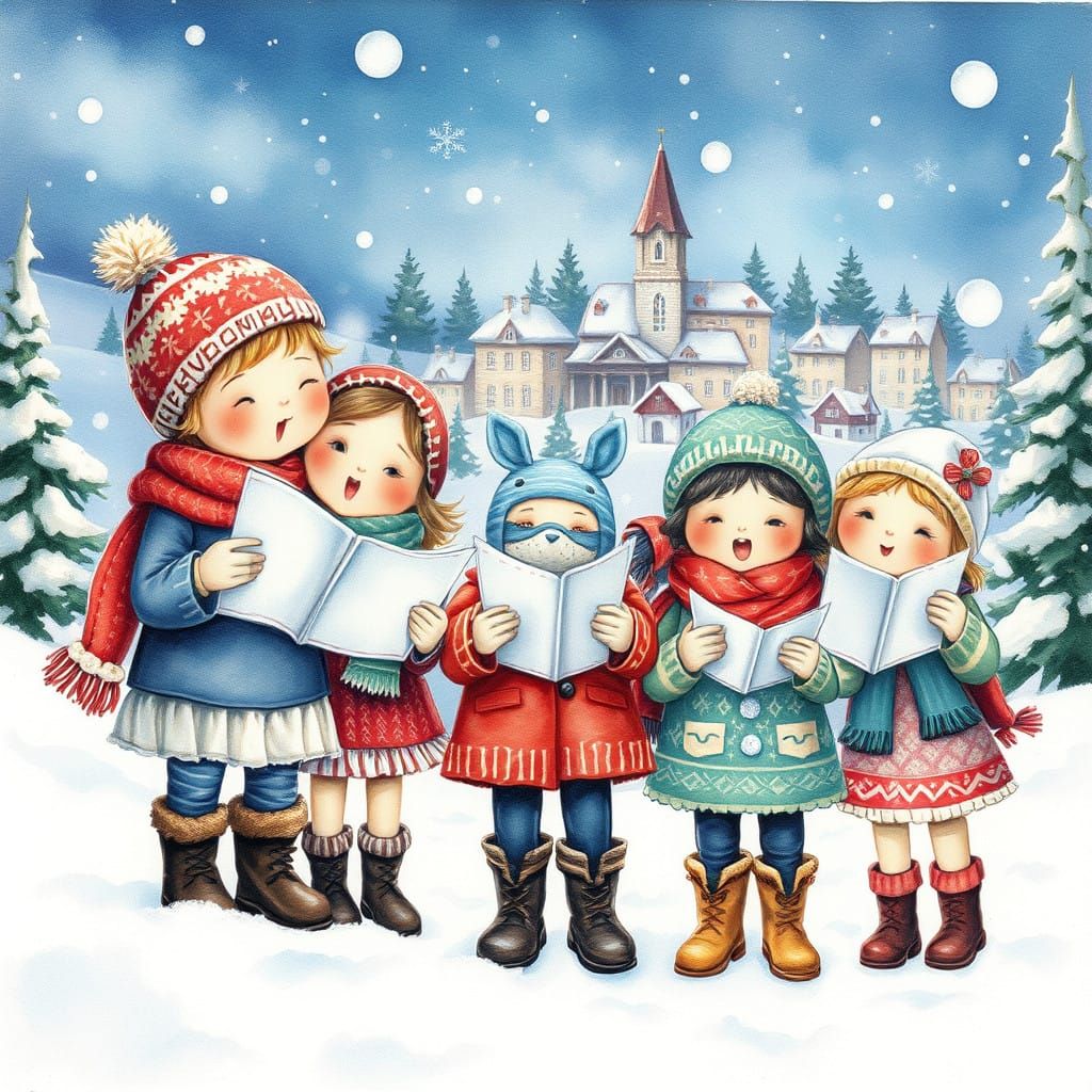 Whimsical, Fantasy, Watercolor, featuring children carolers,...