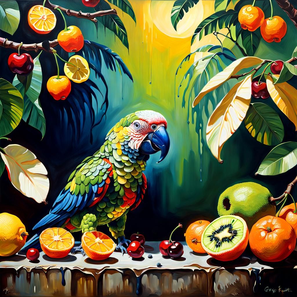 Fruit Parrot in Rainforest: Melting Oil Painting