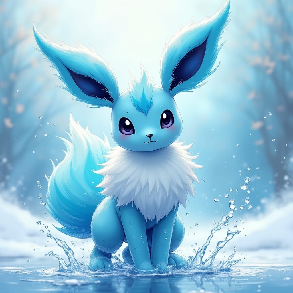 Glaceon in Watercolor Landscape: Detailed Matte Painting
