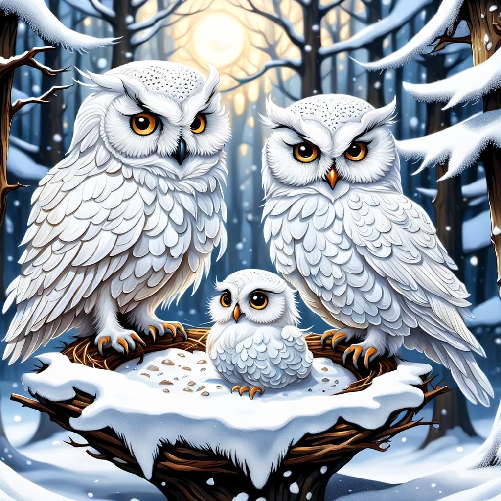 Chibi Owl Family in Winter Wonderland