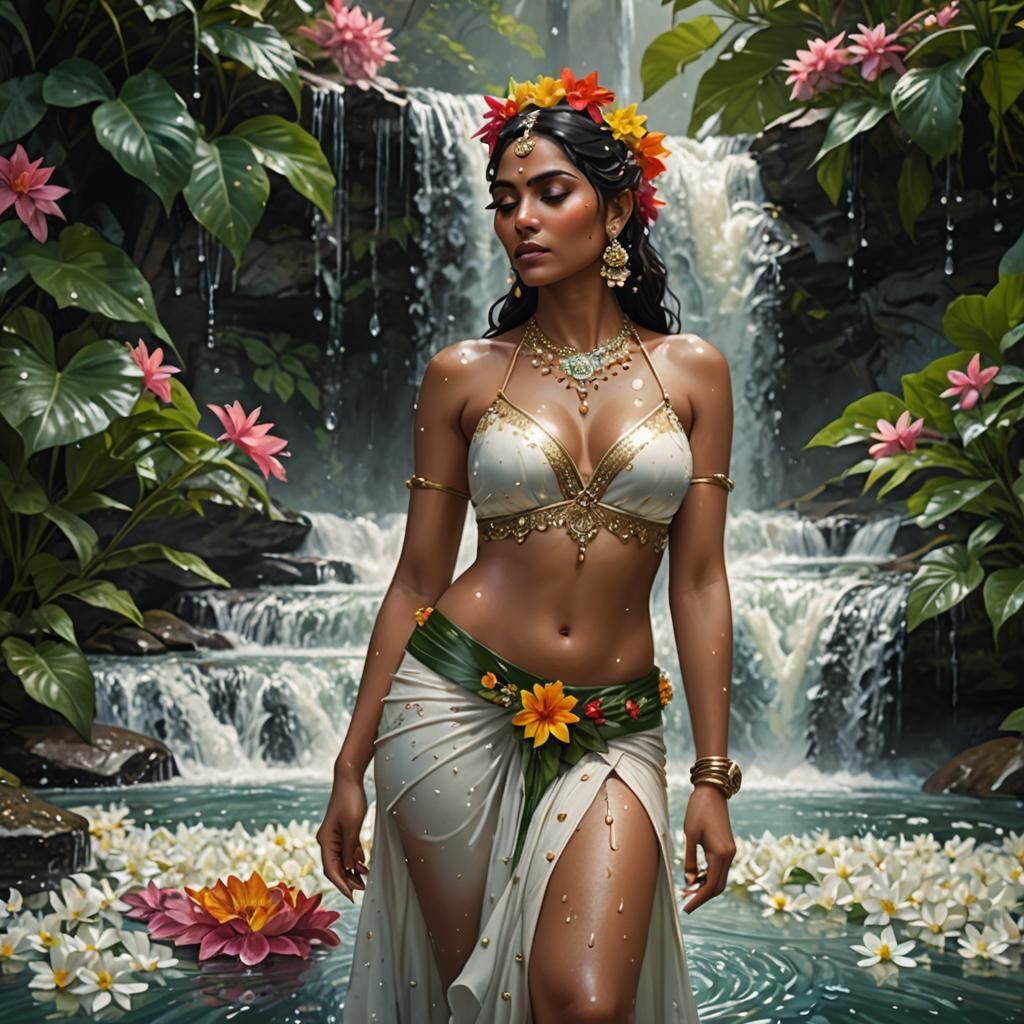 Indian Woman with Flower Jewelry by Waterfall