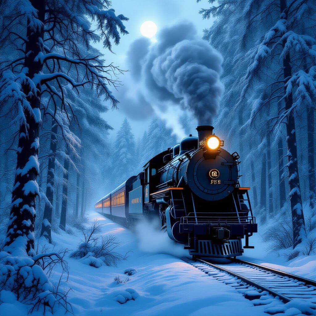 Majestic Steam Train Through Snowy Forest