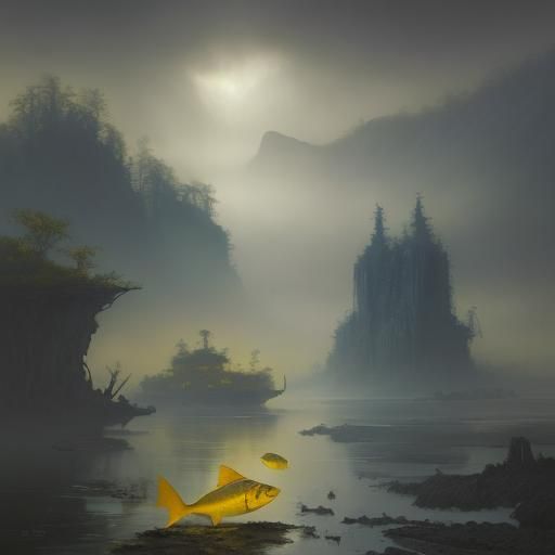 Yellow Fish in Misty Village, Gurney-Style Oil Painting