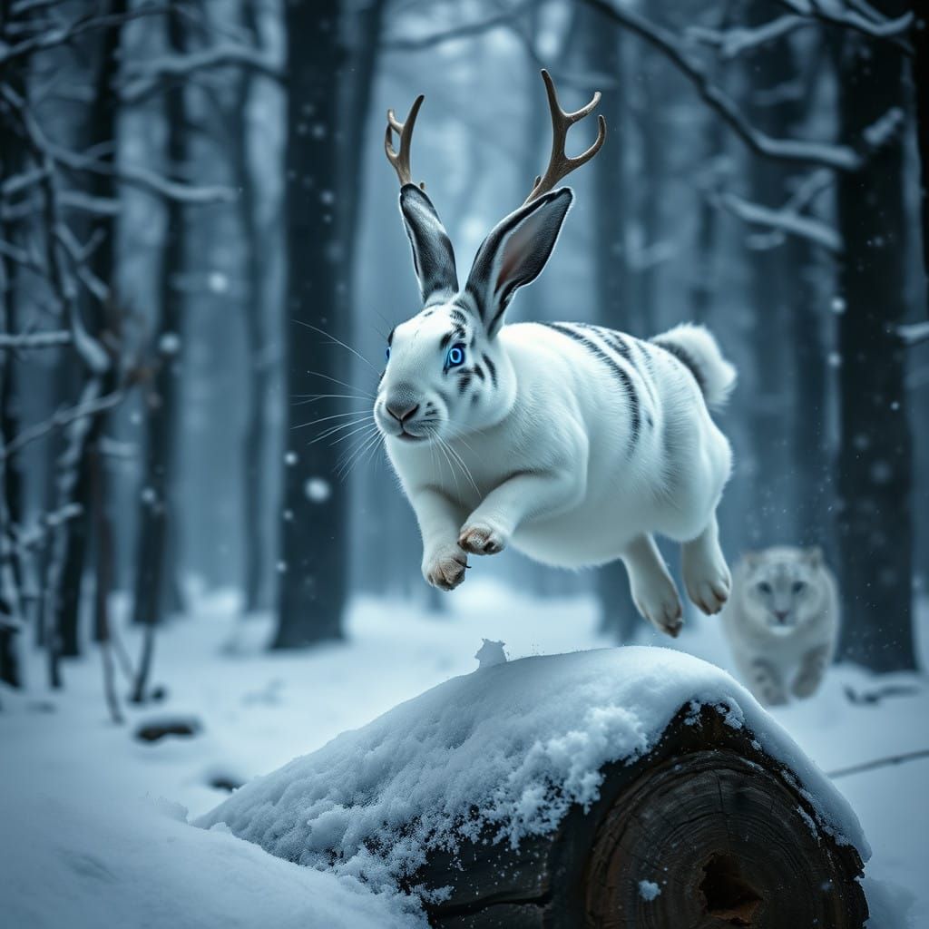 Mystical White Rabbit Leaps Through Snowy Forest