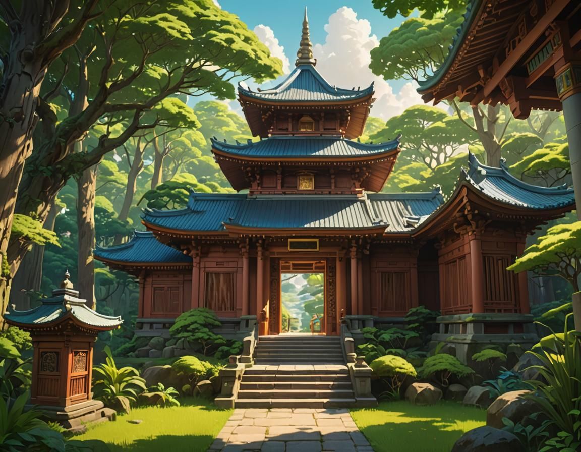 Ornate Temple in Nature: Vibrant 3D Anime Art