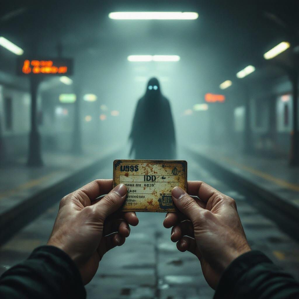 Ghostly Figure Looms on Dimly Lit Platform with ID Card