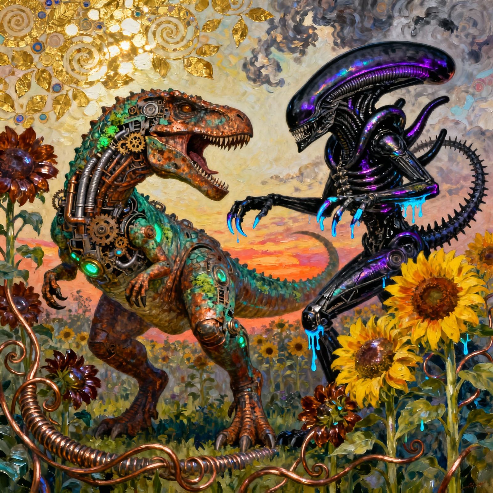 Dinosaur and Alien Fight in Surreal Garden