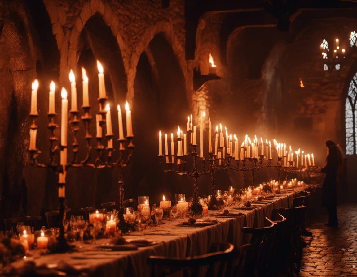 Medieval Castle Banquet with Flickering Torches