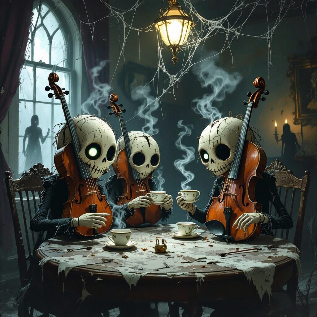 Anthropomorphic Violins in Haunted House Tea Party