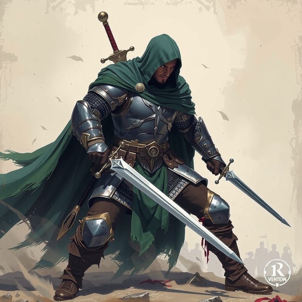 Cloaked Warrior in Foggy Battlefield with Sword