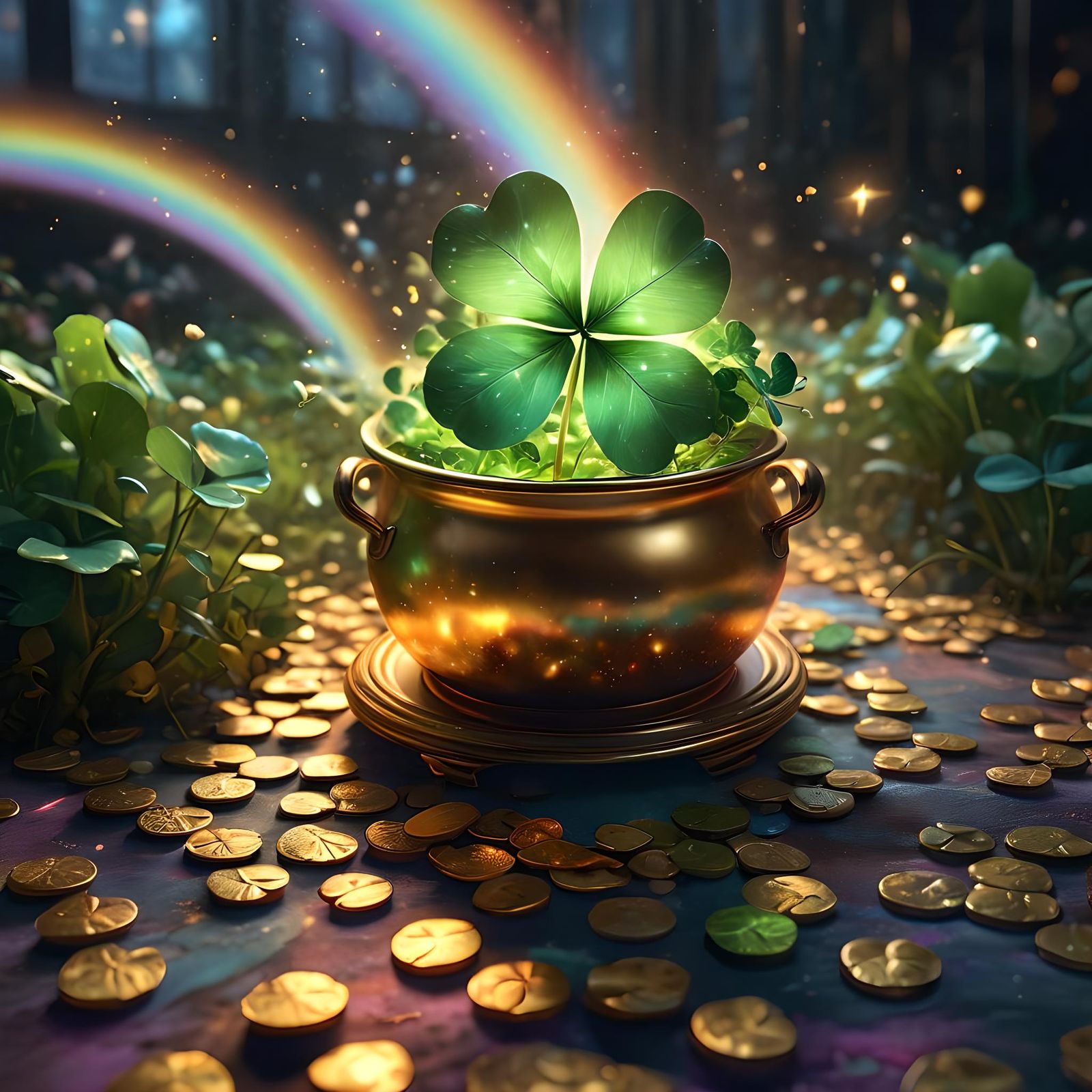 Glowing Four-Leaf Clover with Golden Pot