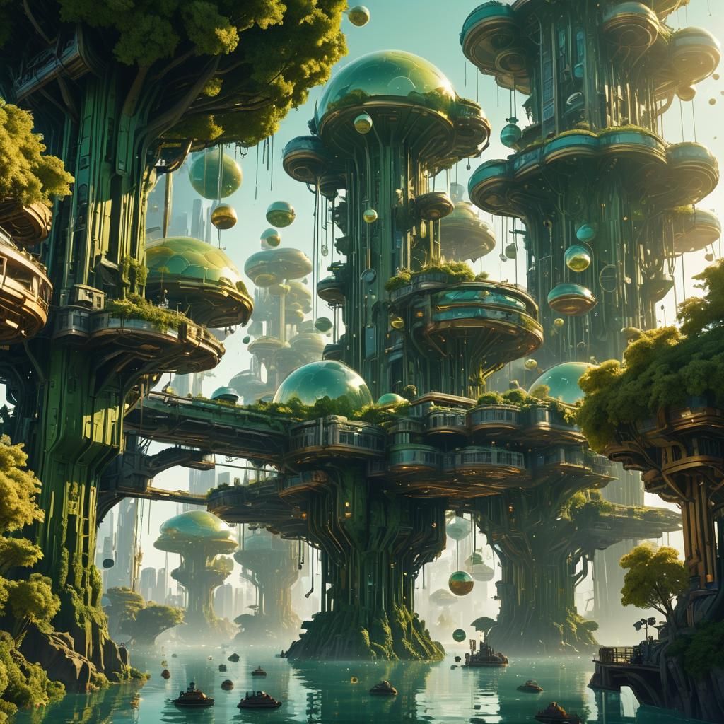 Sci-Fi Metropolis with Golden Platforms in Moebius Style