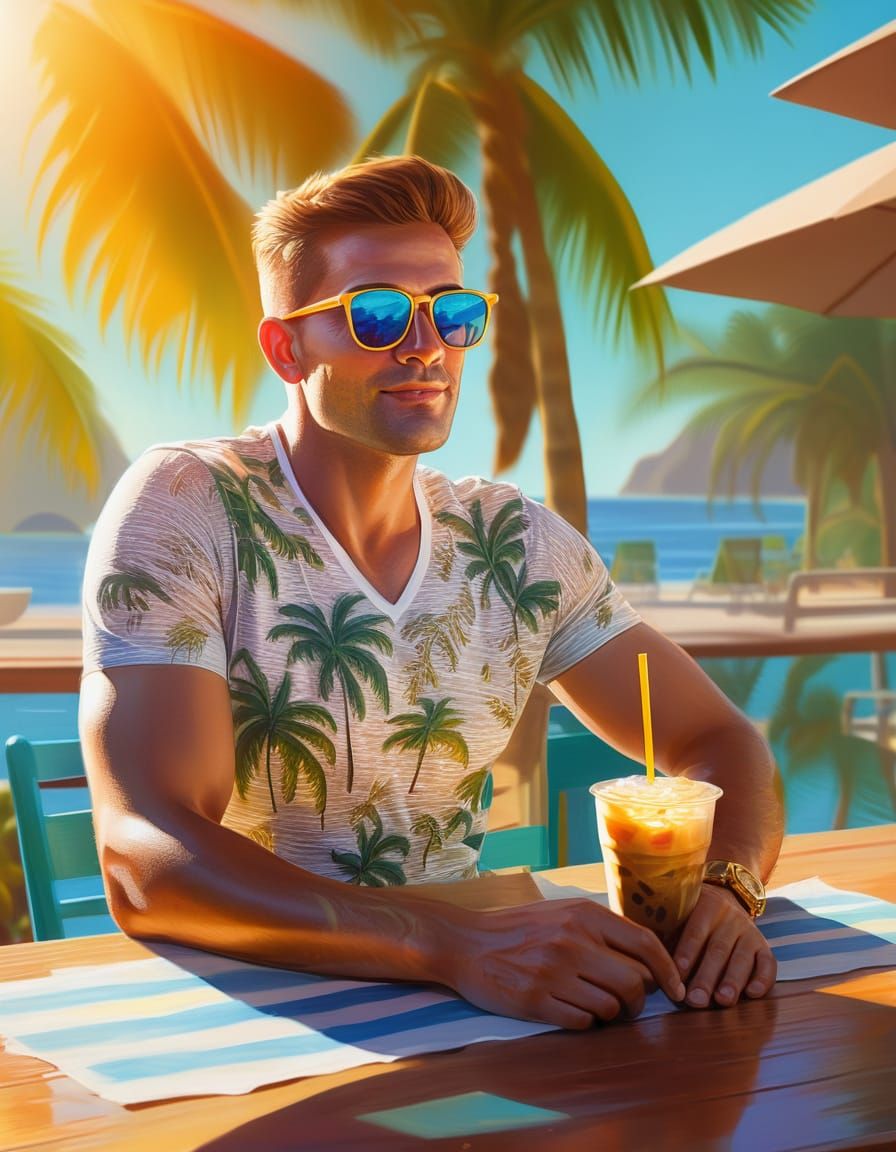 Man with Coffee in Golden Sunlight, Oil Painting