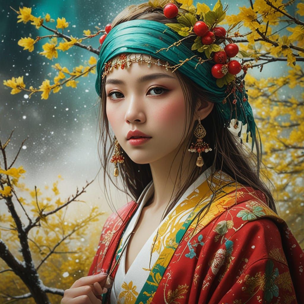 Ethereal Japanese Princess in Stunning Winter Kimono