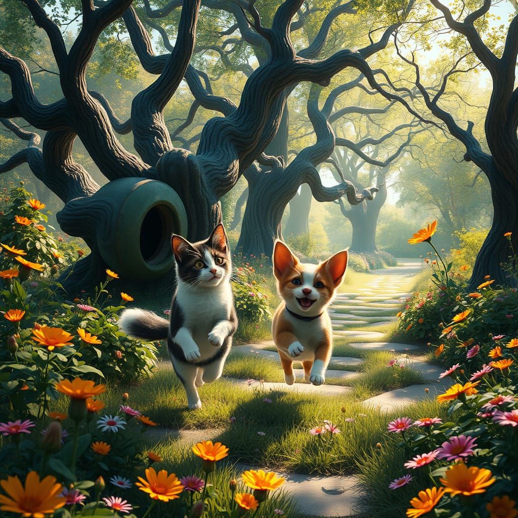Whimsical Feline Canine Duo in a Vibrant Park