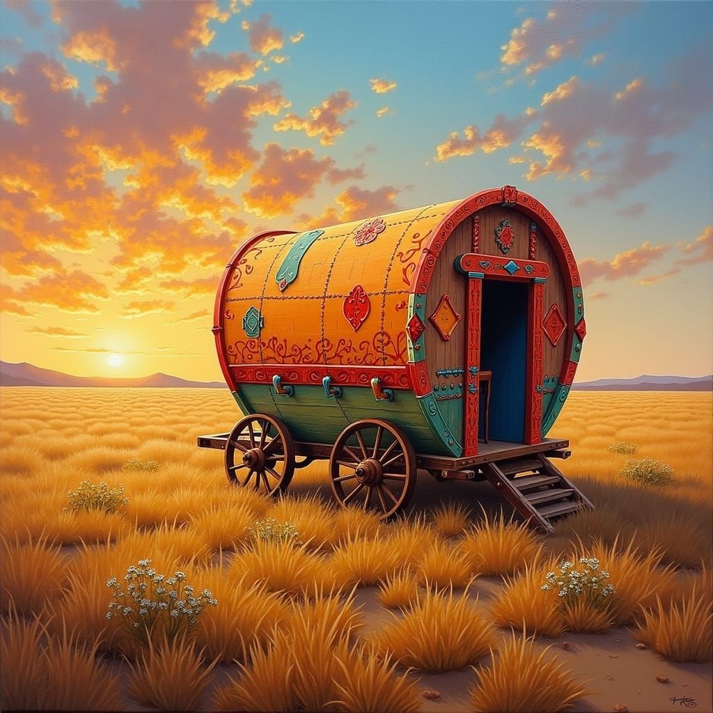 Rustic Roma Caravan Oil Painting at Sunset