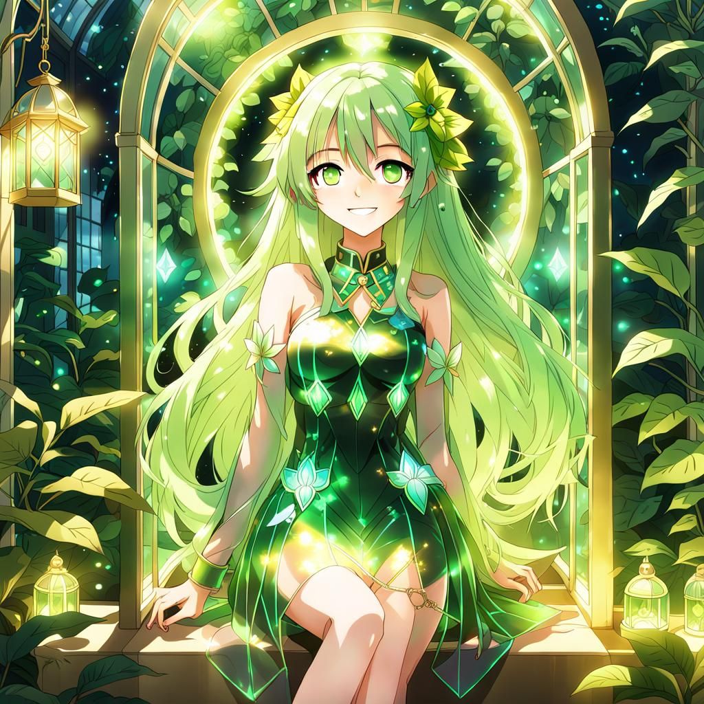 Anime Girl Portrait in a Green Lit Greenhouse