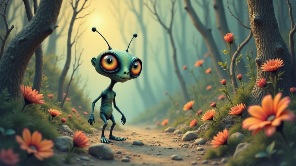 Colorful Alien Navigates Exotic Planet in 3D Animation