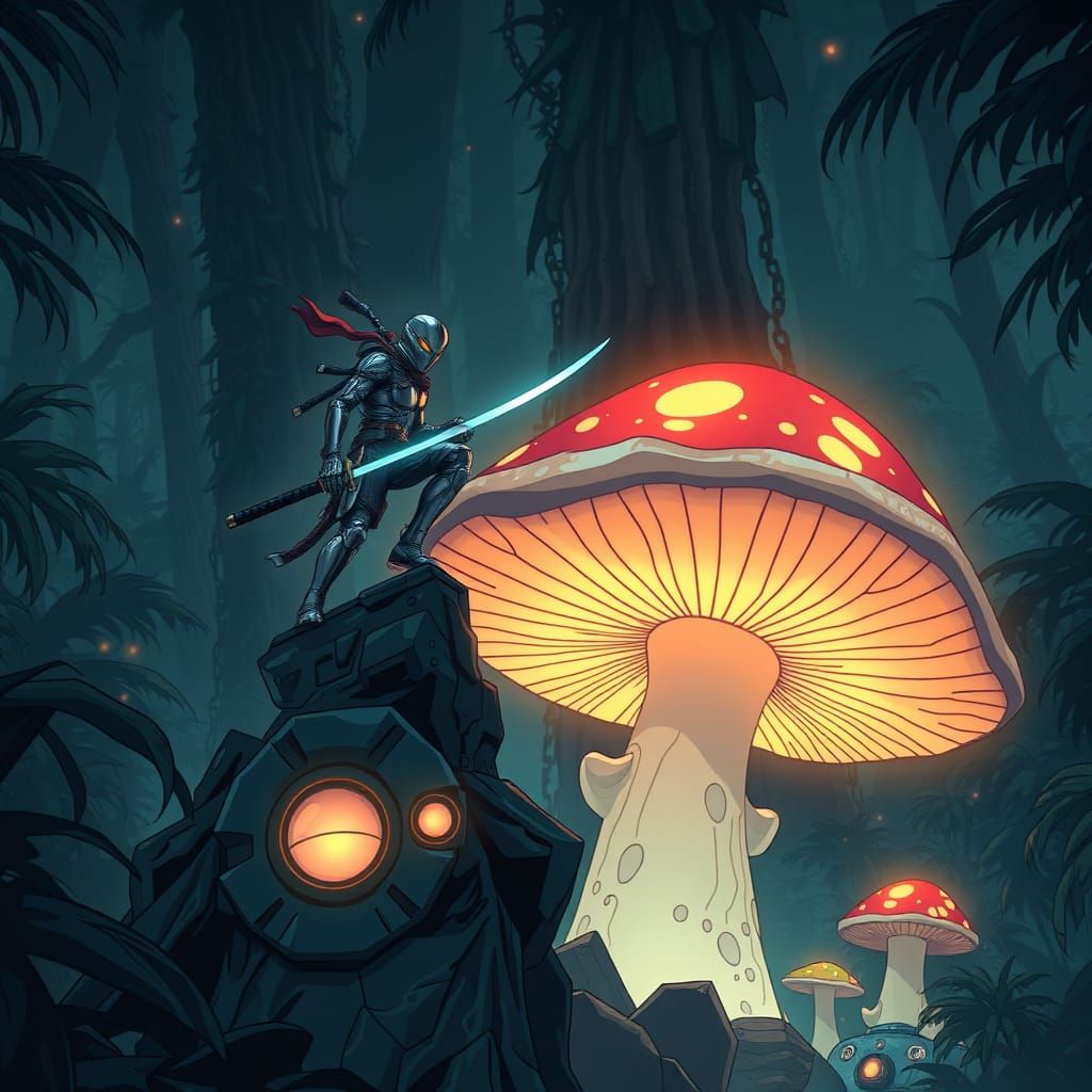 Chrome Ninja Surveys Alien Jungle from Glowing Mushroom Thro...