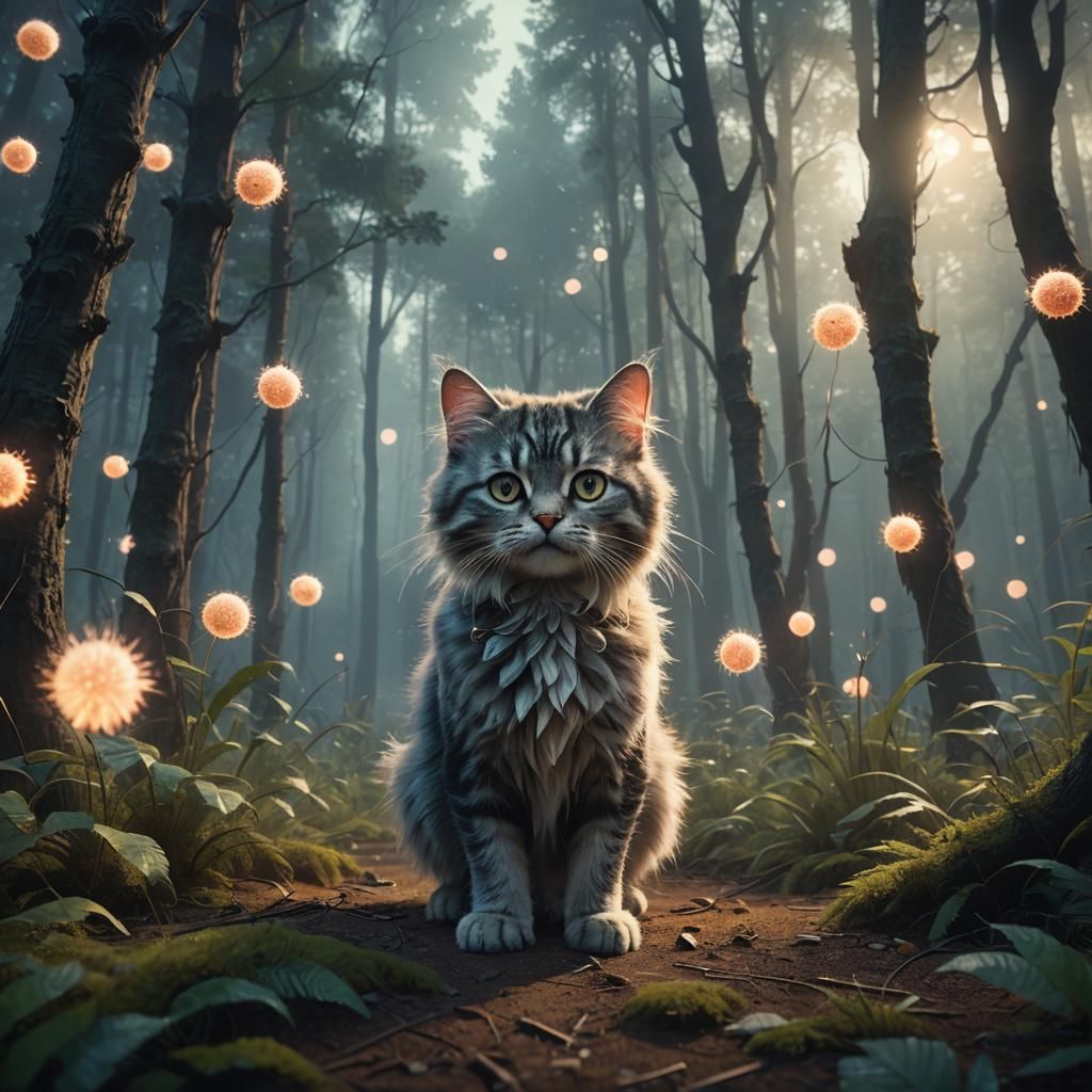 Mystical Forest Cat with Pom Poms: Digital Art