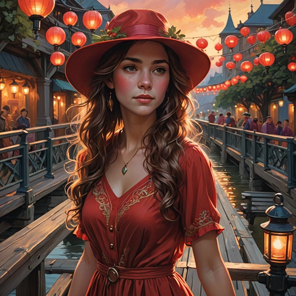 Woman on Bridge at Sunset, Art Nouveau Portrait